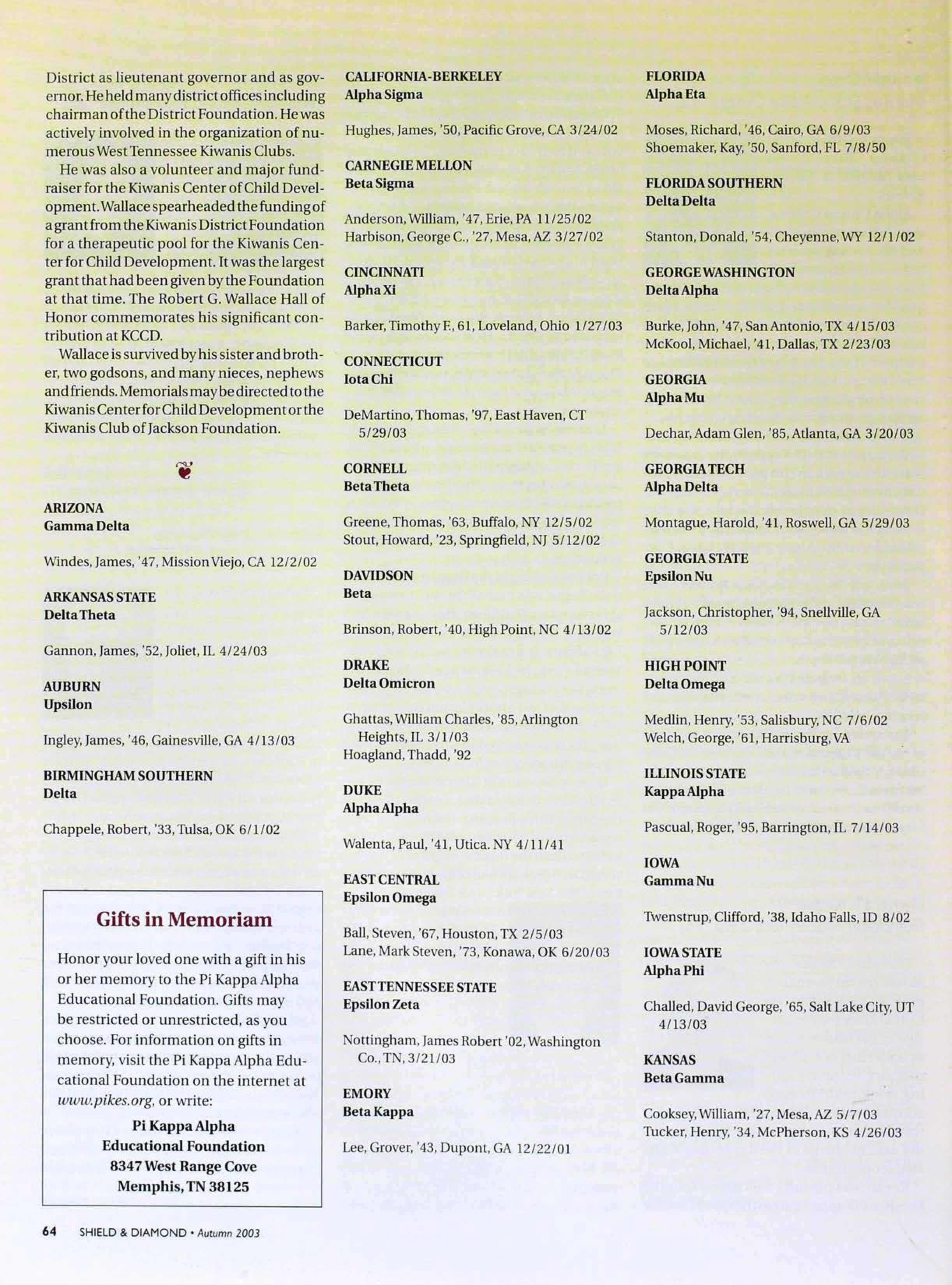 Gifts In Memoriam, Autumn 2003